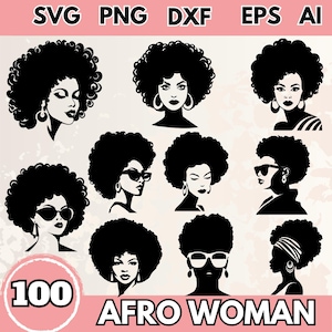 Afro Woman SVG Bundle, Black Woman Silhouette PNG, Afro Girl Clipart, Melanin Queen Cut Files for Cricut, African American Art DXF