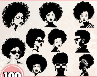 Afro Woman SVG Bundle, Black Woman Silhouette PNG, Afro Girl Clipart, Melanin Queen Cut Files for Cricut, African American Art DXF