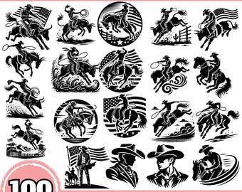 Rodeocowboy SVG PNG-bundel - 100 Western-gesneden bestanden voor Cricut en Silhouette, stier rijden lasso paard clipart, digitale download