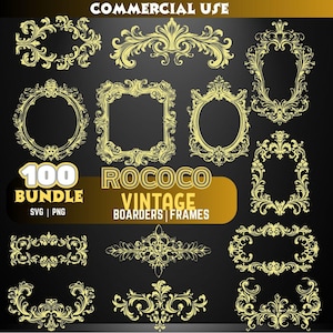 May include: A collection of Rococo vintage borders and frames in gold, displayed on a black background. The image includes various ornate designs, with the text "100 Bundle SVG | PNG" and "Rococo Vintage Boarders | Frames". The words "Commercial Use" are at the top.