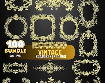 Rococo Vintage Frame and Border SVG PNG Bundle for Cricut and Sublimation, Ornate Baroque Clipart for Commercial Use