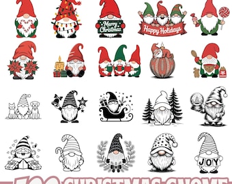 May include: A digital design bundle featuring 100 Christmas gnome illustrations in various styles. The gnomes are depicted in red, green, and white, holding festive items like gifts, candy canes, and ornaments. Text at the top reads "DIGITAL DESIGN BUNDLE" and at the bottom "100 CHRISTMAS GNOME".