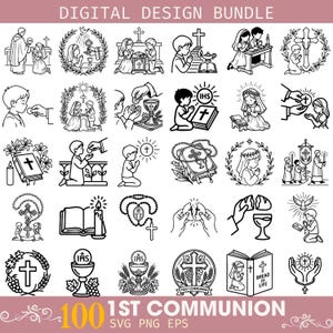 May include: A digital design bundle with 100 black and white illustrations related to First Communion. The images include crosses, chalices, children praying, and religious symbols. The text "1st Communion" and "Digital Design Bundle" are also present.