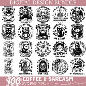 Puede incluir: Paquete de diseño digital con 20 ilustraciones en blanco y negro con temas de café y sarcasmo. Los diseños incluyen esqueletos, gatos y murciélagos con frases como "Chaos in a Cup" y "Dead Inside".