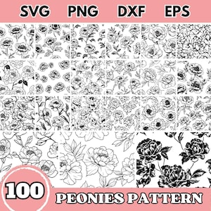 Puede incluir: Un conjunto de 100 patrones de flores de peonía en blanco y negro. Los patrones están dispuestos en una cuadrícula de 10 filas y 10 columnas. Los patrones son todos diferentes, pero todos presentan peonías en una variedad de estilos.