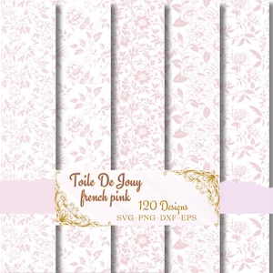 Patrón francés Toile De Jouy rosa, 120 papeles digitales florales vintage, estampado de tela romántico sin costuras, paquete de diseño SVG PNG EPS Dxf
