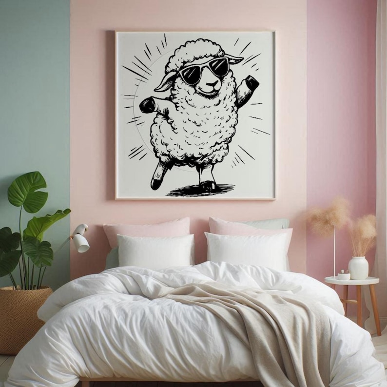 May include: A black and white illustration of a sheep wearing sunglasses and dancing. The sheep is surrounded by a white background with black rays of light emanating from behind it.