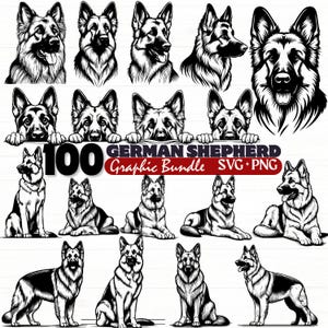 Op de afbeelding: Een verzameling zwart-wit grafische ontwerpen van Duitse Herders. De afbeeldingen bevatten headshots, volledige lichaamshoudingen en illustraties van het hondenras. De tekst "100 German Shepherd Graphic Bundle SVG + PNG" is ook opgenomen.