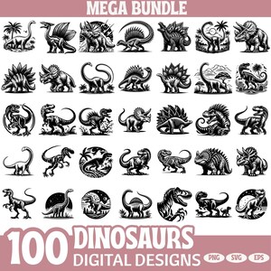 May include: A set of 100 black and white dinosaur digital designs. The illustrations depict various dinosaur species in different poses. The image includes the text "MEGA BUNDLE" and "DINOSAURS DIGITAL DESIGNS" in a pink banner at the top and bottom.
