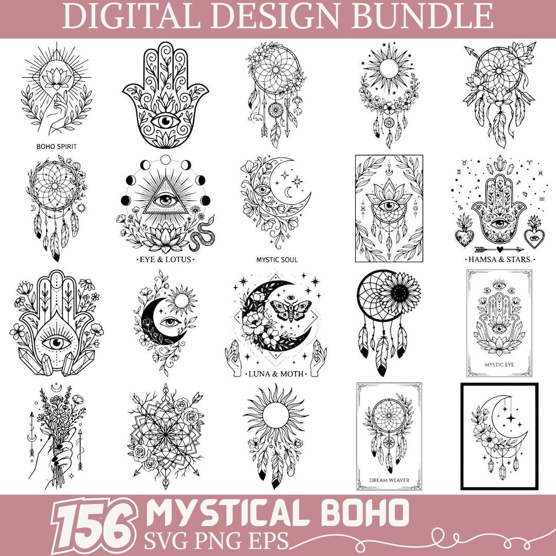 Mystical Boho SVG Bundle Moon Sun Eye Hamsa Dreamcatcher Floral Sacred ...