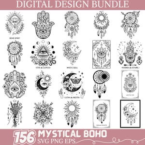 Puede incluir: Un paquete de diseño digital con 156 ilustraciones boho místicas en blanco y negro. Los diseños incluyen atrapasueños, manos de Hamsa, lunas, ojos y elementos florales. El texto incluye "DIGITAL DESIGN BUNDLE" y "MYSTICAL BOHO".