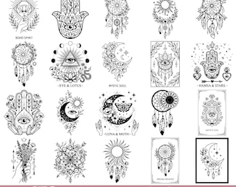 Paquete SVG bohemio místico, luna, sol, ojo, Hamsa, atrapasueños, diseños florales de geometría sagrada para Cricut, silueta, PNG, EPS