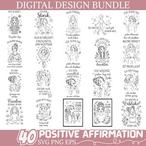 Può includere: Pacchetto di design digitale con 40 affermazioni positive in illustrazioni in bianco e nero. Ogni design presenta una figura femminile con testo motivazionale. Il pacchetto include formati di file SVG, PNG ed EPS.