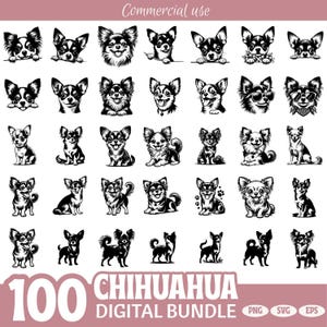 Pakiet Chihuahua SVG PNG EPS | 100 uroczych projektów clipartów z psami do Cricut Silhouette | Zestaw do rękodzieła dla miłośników zwierząt do pobrania w wersji cyfrowej