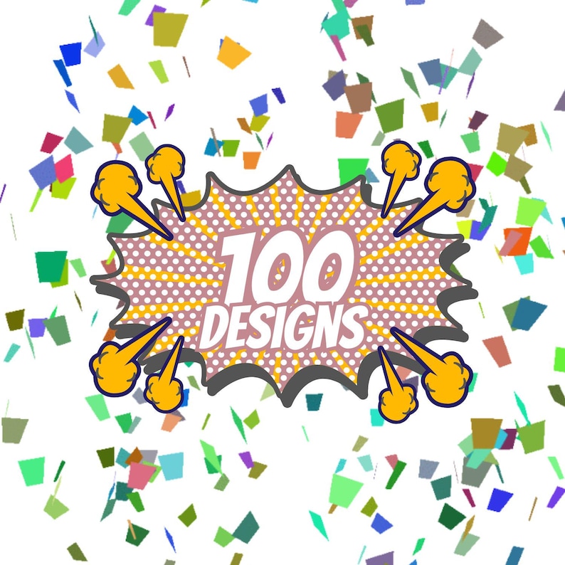 May include: A pop art style graphic featuring the text "100 DESIGNS" in a speech bubble, with yellow bursts and colourful confetti on a white backdrop. The design is vibrant and striking.
