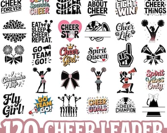 May include: A collection of 120 digital designs with cheerleading themes. The designs include text like "Cheer Forever," "Go Team Go," and "Cheer Goals," along with illustrations of cheerleaders, megaphones, and pom-poms. The designs are available in PNG, SVG, and EPS formats.