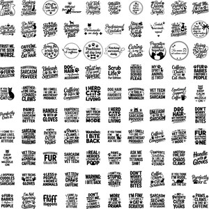 May include: A collection of circular and rectangular stickers with humorous phrases about cats, veterinary medicine, and sarcasm. The stickers feature text like "Caffeine, Chaos, Cat Hair" and "I Herd Cats for a Living."