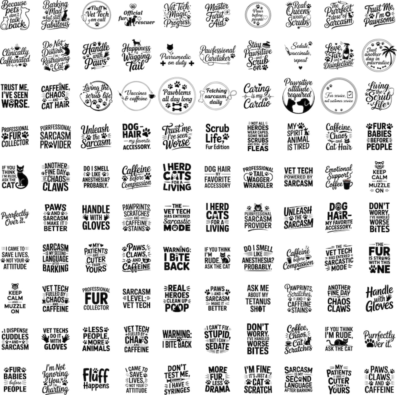 May include: A collection of circular and rectangular stickers with humorous phrases about cats, veterinary medicine, and sarcasm. The stickers feature text like "Caffeine, Chaos, Cat Hair" and "I Herd Cats for a Living."