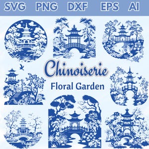 Chinoiserie bloementuin SVG-bundel, blauwe Chinese pagode clipart, vintage Oosterse snijbestanden, PNG DXF Eps Svg digitale download