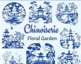 Paquete SVG de jardín floral chinoiserie, imágenes prediseñadas de pagoda china azul, archivos de corte orientales vintage, descarga digital PNG DXF Eps Svg
