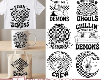 Paquete SVG de Vibin Demon con citas divertidas de esqueletos, diseños góticos de Halloween para camisetas, tazas, bolsas de mano, siluetas de Cricut, PNG y EPS