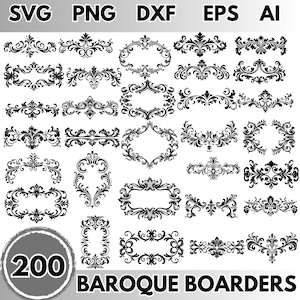 Barocke Grenzen SVG PNG Dxf EPS, Ornamentrahmen-Designs, Vintage Verzierungen, Laser geschnitten Clipart, Cricut Cut Dateien