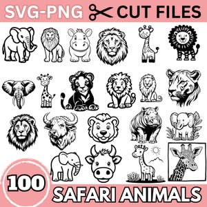 Safari Animals SVG PNG Bundle - 100 Wild Animal Cut Files for Cricut and Silhouette, Lion Elephant Giraffe Clipart, Digital Download