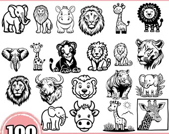 Safari Animals SVG PNG Bundle - 100 Wild Animal Cut Files for Cricut and Silhouette, Lion Elephant Giraffe Clipart, Digital Download
