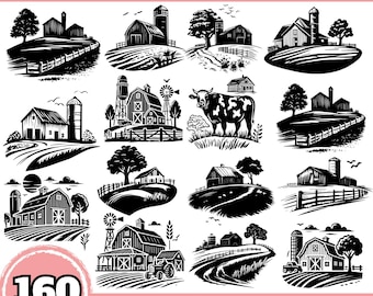 Paquete de 160 siluetas de granja SVG: archivos de corte rústicos de granja para corte por láser, grabado, Cricut y proyectos de bricolaje