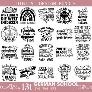 May include: A digital design bundle featuring 131 German school-themed SVG, PNG, and EPS files. The black and white designs include text and illustrations related to learning, school, and adventure, such as books, rockets, and school buses.