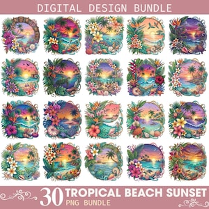 Tropical Beach Sunset PNG Bundle, 30 Paradise Ocean Landscape Clipart, Floral Island Sunset Digital Download