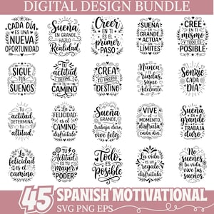 Può includere: Un pacchetto di design digitale con 45 citazioni motivazionali spagnole in una varietà di caratteri decorativi. Le frasi nere hanno accenti floreali e stellati. Le parole includono "sogno", "credere" e "felicità".