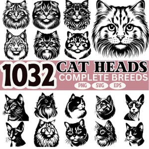 Puede incluir: Ilustraciones en blanco y negro de cabezas de gatos de varias razas. La imagen incluye el texto "1032 CAT HEADS COMPLETE BREEDS" e indicadores de tipo de archivo. Las cabezas de los gatos son de diferentes estilos.