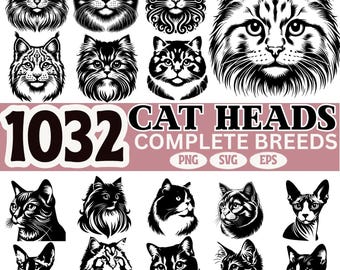 Paquete SVG de cabeza de gato, imágenes prediseñadas completas de razas de gatos, silueta felina PNG, vector detallado de cara de gato, archivos Cricut para amantes de las mascotas