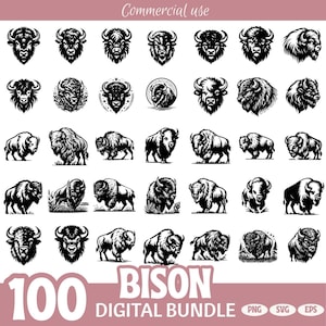 Bison Head Clipart Bundle, Buffalo SVG PNG EPS Files, Wild Animal Line Art, Vintage Bison Head Silhouette, Digital Bison Logo Pack
