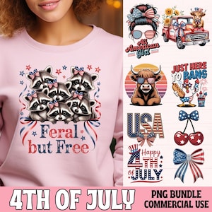 昇華転写用7月4日PNGバンドル、愛国的な可愛いアライグマのクリップアート、レトロなアメリカデザイン、面白い独立記念日グラフィックのダウンロード