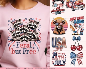 Paquete PNG del 4 de julio para sublimación, adorable clipart de mapache patriótico, diseños retro de EE. UU., descarga de gráficos divertidos del Día de la Independencia