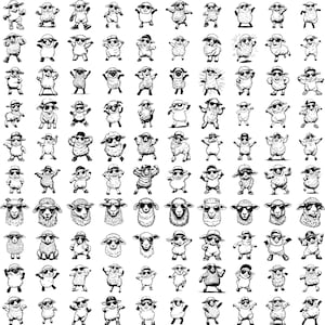 May include: A collection of 100 black and white illustrations of sheep wearing sunglasses and hats. The sheep are in various poses, some are standing, some are sitting, and some are lying down.