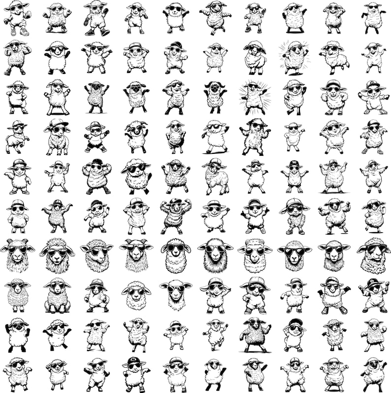 May include: A collection of 100 black and white illustrations of sheep wearing sunglasses and hats. The sheep are in various poses, some are standing, some are sitting, and some are lying down.