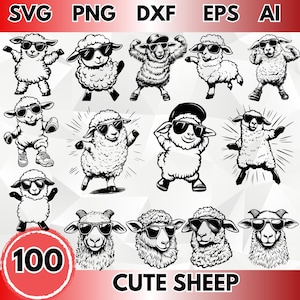 クールな羊の SVG バンドル、100 枚のかわいい踊る羊のクリップアート、面白い子羊のベクター、農場の動物の昇華、サングラスをかけた羊、PNG DXF EP
