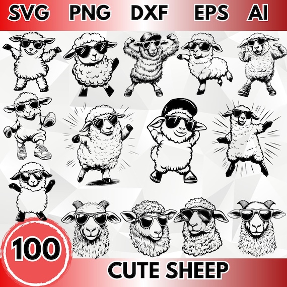 Cool Sheep SVG Bundle, 100 Cute Dancing Sheep Clipart, Funny Lamb Vector, Farm Animal Sublimation, Sheep With Sunglasses, PNG DXF EPs