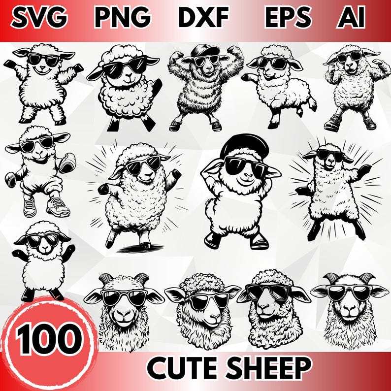 May include: A set of 100 cute sheep illustrations in various poses, including wearing sunglasses, hats, and some with a cool attitude. The illustrations are in black and white and are perfect for crafting projects, digital designs, or printing.