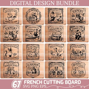 May include: A digital design bundle featuring 12 wooden cutting boards with humorous French text and illustrations. Each board has a unique design, including animals and kitchen-related themes. The boards are rectangular and have a light wood grain.