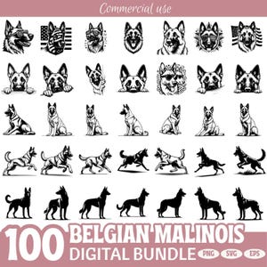 May include: A collection of 100 Belgian Malinois digital images in various poses and styles. The black and white illustrations include headshots, full body depictions, and silhouettes of the dog breed. The text "Commercial use" is at the top, and "Belgian Malinois Digital Bundle" is at the bottom.