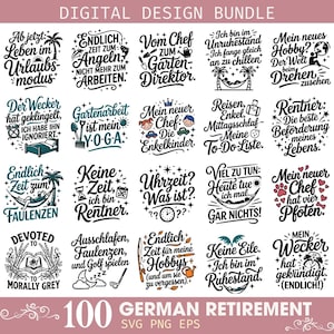 Könnte beinhalten: Ein digitales Design-Paket mit 20 schwarz-weißen und farbigen grafischen Illustrationen mit deutschen Texten zum Thema Ruhestand. Die Designs enthalten verschiedene Schriftstile sowie Symbole wie Palmen, Hängematten, Uhren und Gartengeräte.