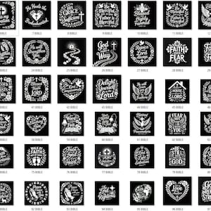 May include: A series of square, black tiles displaying white text and illustrations. Each tile presents a religious quote or symbol, including crosses, doves, and open books, framed by decorative borders.