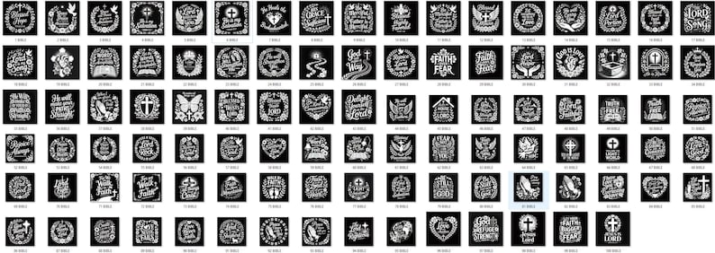 May include: A series of square, black tiles displaying white text and illustrations. Each tile presents a religious quote or symbol, including crosses, doves, and open books, framed by decorative borders.