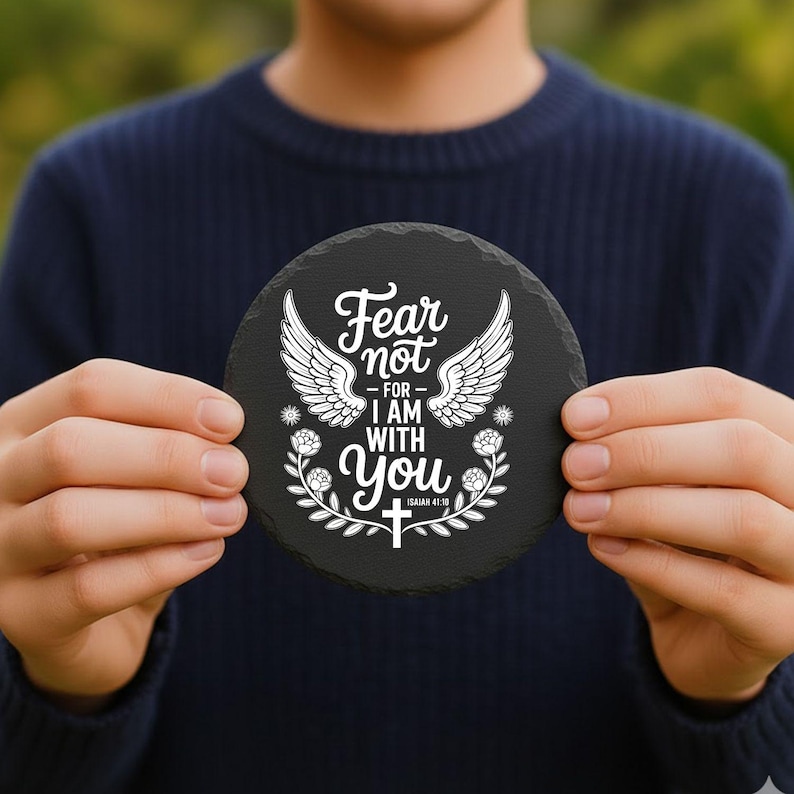 May include: A circular, black slate coaster featuring white text and decorative details. The text says "Fear not - for I am with you" with angel wings and floral designs. A decorative item for the home.