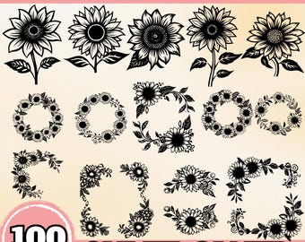 Sunflower SVG Bundle, Sunflower Wreath Clipart, Floral Sunflower Cut Files, Sunflower Silhouette PNG, Sunflower DXF Eps Cricut Design