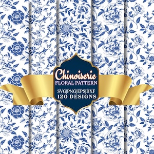 Chinoiserie Blue Floral Pattern Bundle, 120 Digital Paper Designs, Vintage Flower SVG PNG EPS Dxf, Seamless Chinese Fabric Print